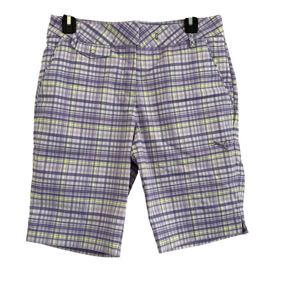 Puma Men Plaid Golf Shorts Purple & Green Polyester Blend Size 8 - Picture 1 of 8